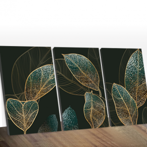 Quadro folhas verdes e dourado - kit 3 telas decorativas