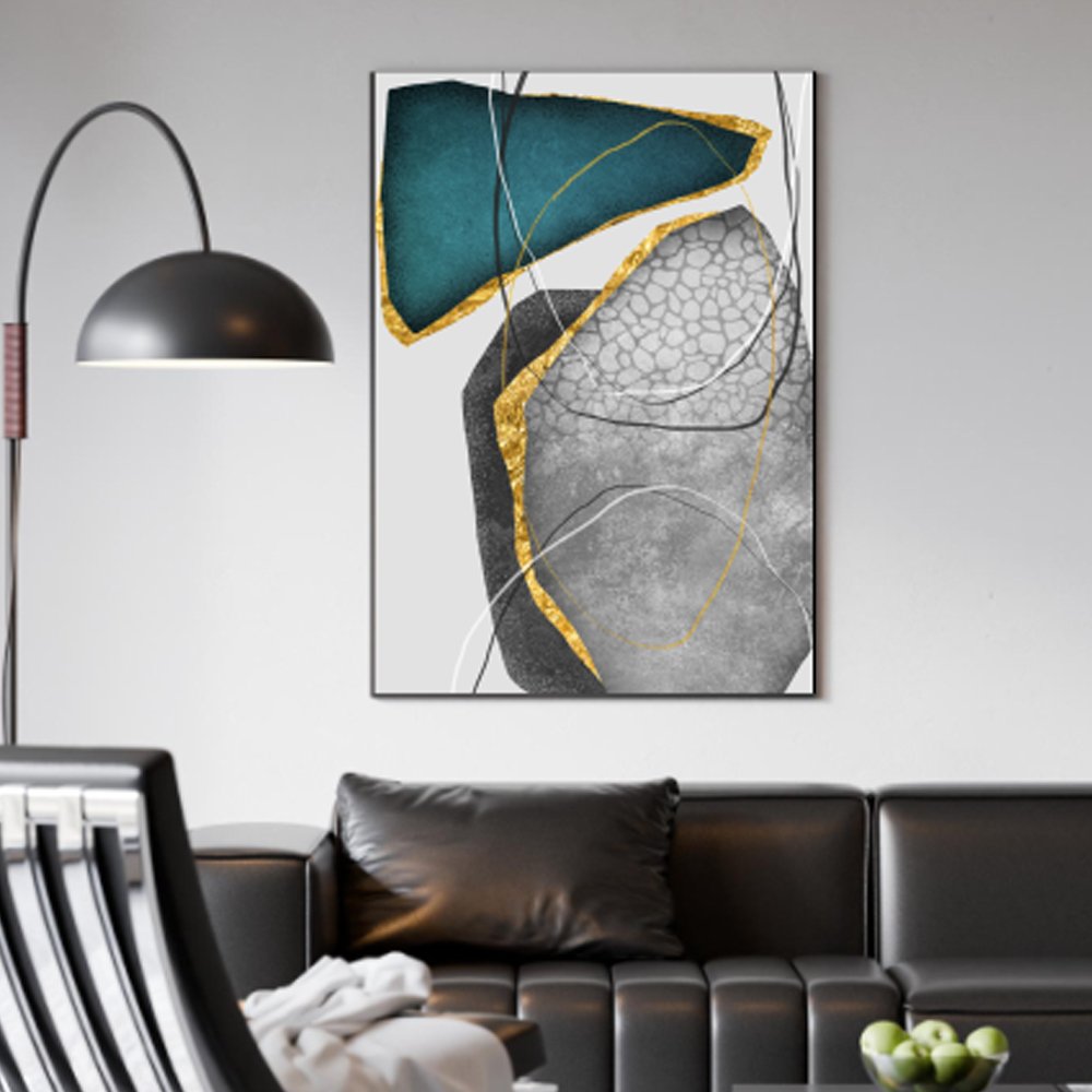 Quadro abstrato geométrico moderno em verde, cinza e dourado - Imagem 2