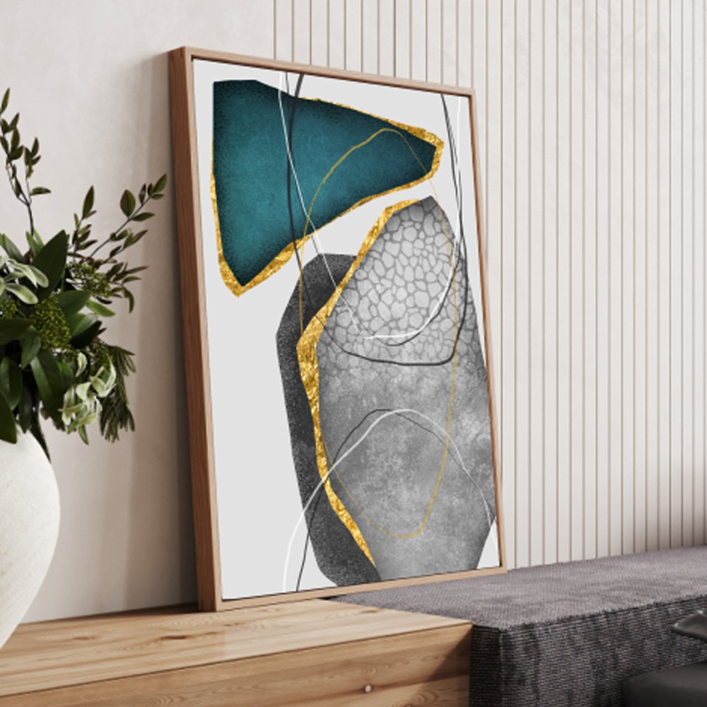 Quadro abstrato sofisticado em tons verdes com detalhes dourados