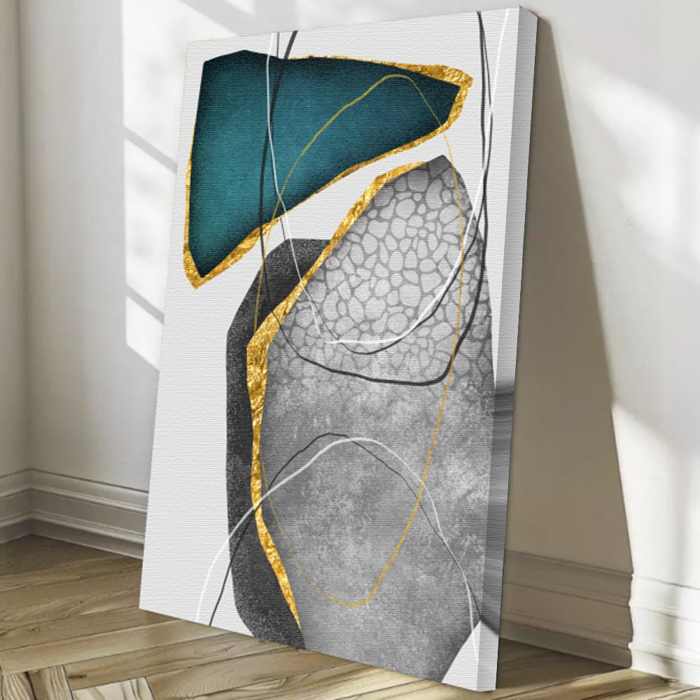 Quadro abstrato geométrico moderno em verde, cinza e dourado - Imagem 4