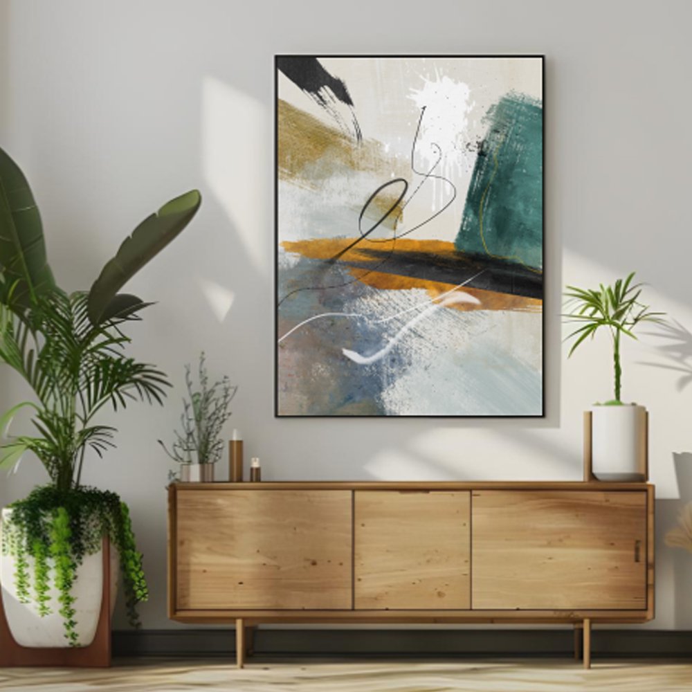 Quadro abstrato moderno com verde e mostarda