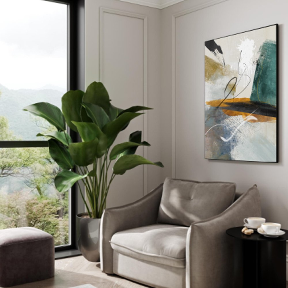 Quadro abstrato moderno com pinceladas em verde emostarda – Arte contemporânea para sala - Imagem 3