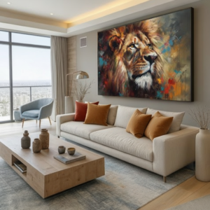 Quadro decorativo leão moderno com efeito pintura e cores vibrantes