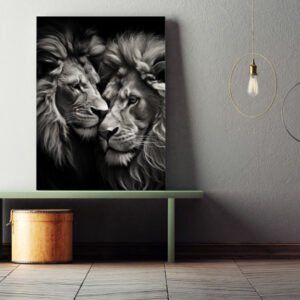 Quadro de leões em preto e branco com visual imponente e sofisticado