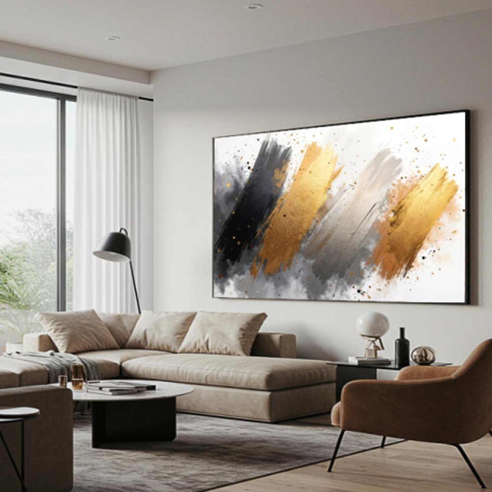 Quadro abstrato dourado grande – Arte moderna sofisticada para sala - Imagem 3