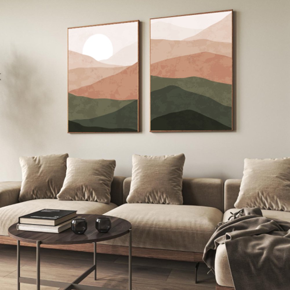 Conjunto de quadros paisagem abstrata minimalista em tons terrosos – Duo decorativo moderno - Imagem 2