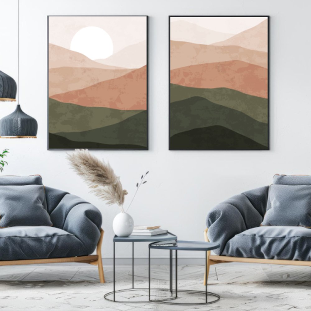 Conjunto de quadros paisagem abstrata minimalista em tons terrosos – Duo decorativo moderno - Imagem 3