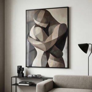 Quadro figurativo abstrato casal moldura preta