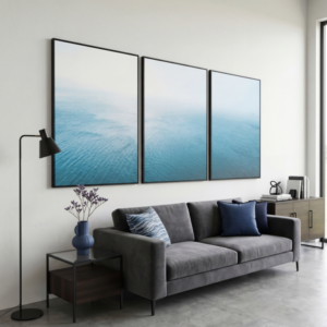 Quadro mar minimalista com paisagem oceano azul decorativo para sala moderna
